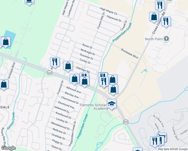 map of restaurants, bars, coffee shops, grocery stores, and more near 7605 Warsaw Road in North Charleston
