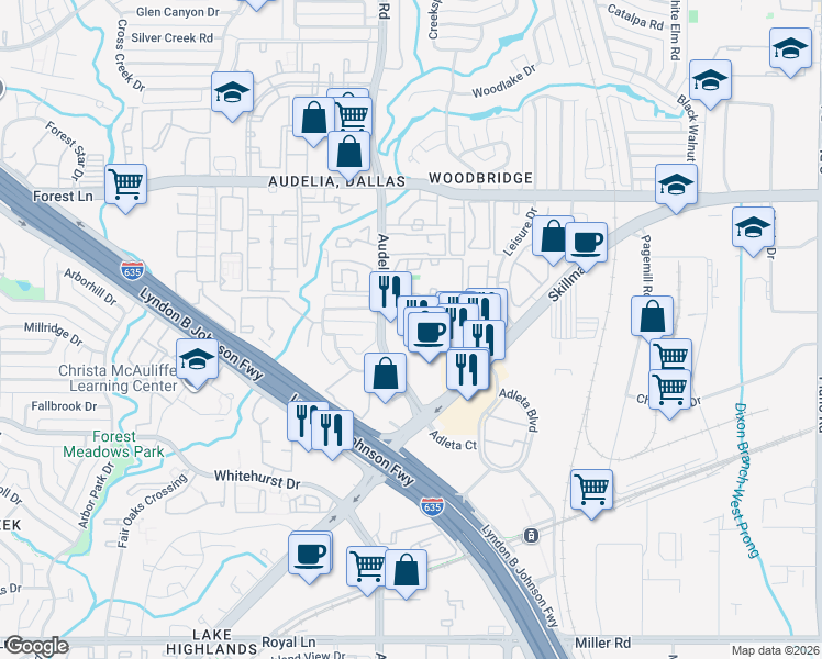 map of restaurants, bars, coffee shops, grocery stores, and more near 126 Summertree Lane in Dallas