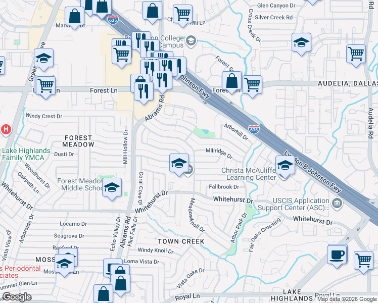 map of restaurants, bars, coffee shops, grocery stores, and more near 9447 Heatherdale Drive in Dallas