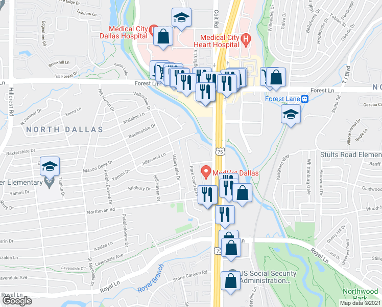 map of restaurants, bars, coffee shops, grocery stores, and more near 11334 Park Central Place in Dallas