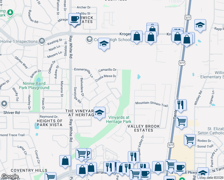 map of restaurants, bars, coffee shops, grocery stores, and more near 9016 Napa Valley Trail in Fort Worth