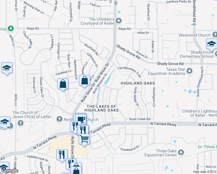 map of restaurants, bars, coffee shops, grocery stores, and more near The Lakes Court in Keller
