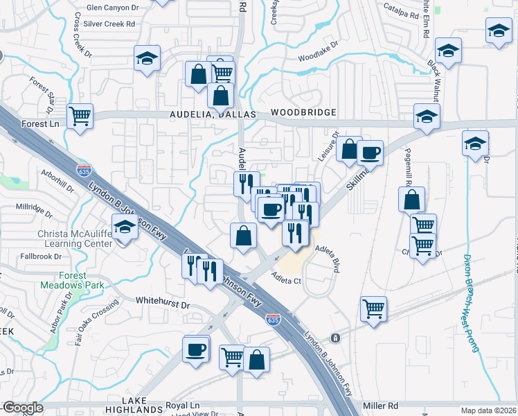 map of restaurants, bars, coffee shops, grocery stores, and more near 126 Summertree Lane in Dallas