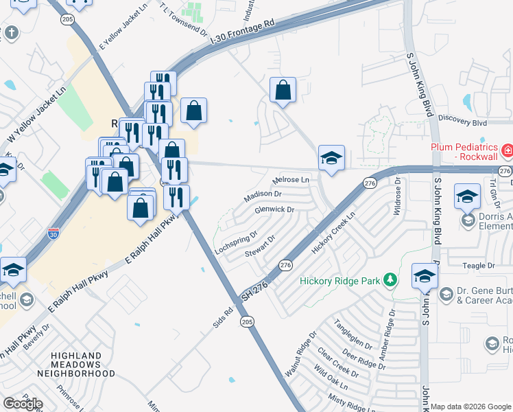 map of restaurants, bars, coffee shops, grocery stores, and more near 1460 Glenwick Drive in Rockwall