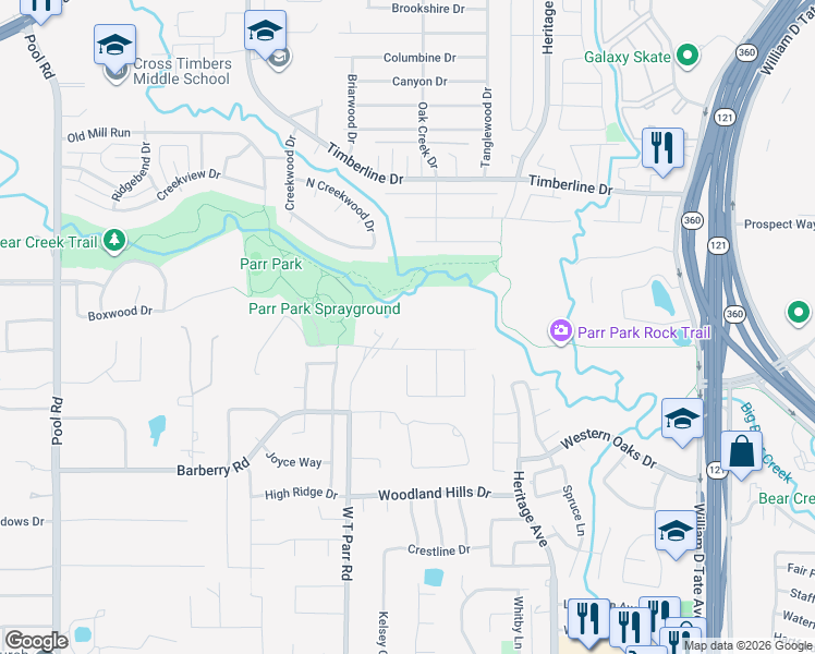 map of restaurants, bars, coffee shops, grocery stores, and more near 2926 Parr Lane in Grapevine