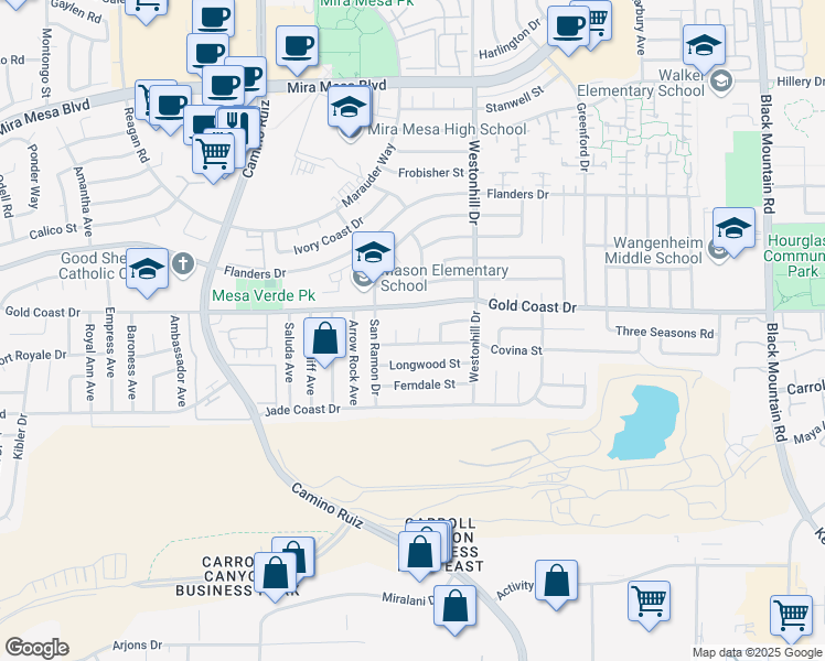 map of restaurants, bars, coffee shops, grocery stores, and more near 10272 Covina Place in San Diego