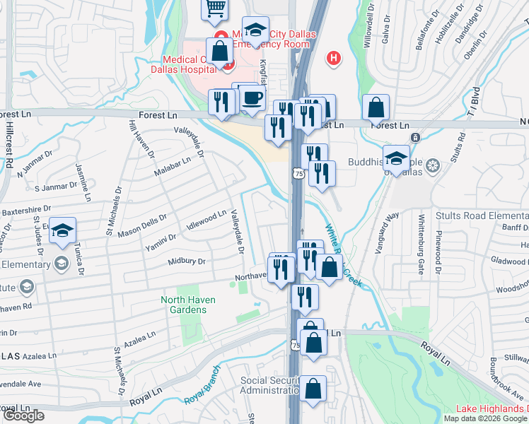 map of restaurants, bars, coffee shops, grocery stores, and more near 11334 Park Central Place in Dallas