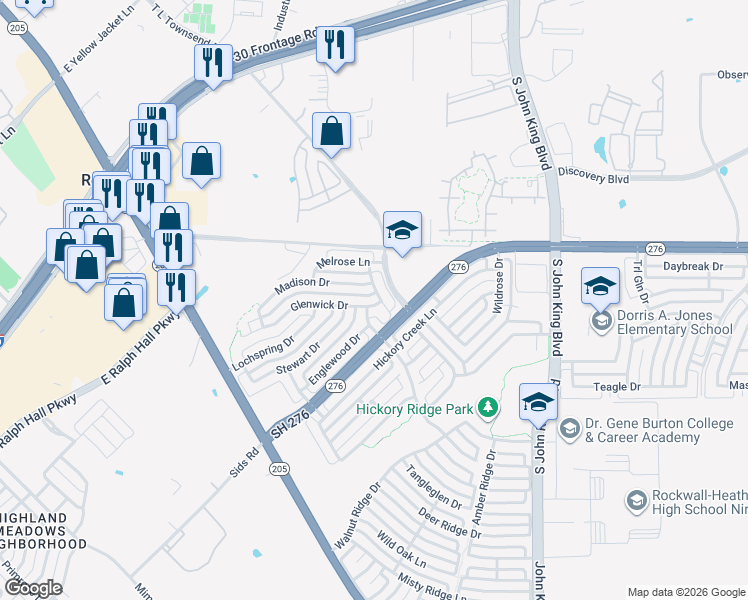 map of restaurants, bars, coffee shops, grocery stores, and more near 1556 Glenwick Drive in Rockwall