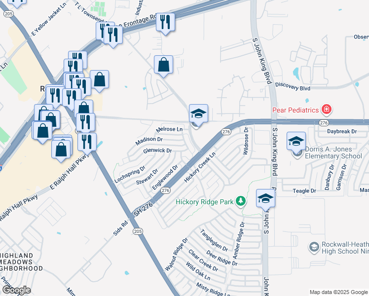 map of restaurants, bars, coffee shops, grocery stores, and more near 1706 Glenwick Drive in Rockwall