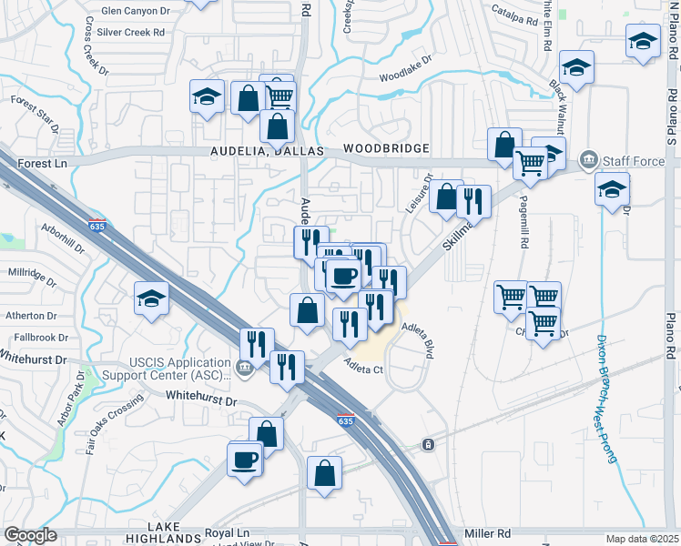 map of restaurants, bars, coffee shops, grocery stores, and more near 9319 Skillman St in Dallas