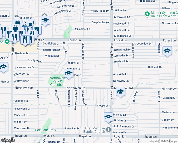 map of restaurants, bars, coffee shops, grocery stores, and more near 4028 Courtshire Drive in Dallas