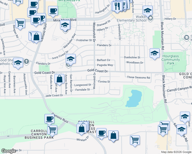 map of restaurants, bars, coffee shops, grocery stores, and more near in San Diego