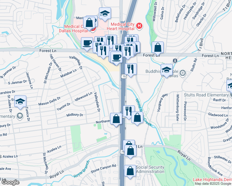 map of restaurants, bars, coffee shops, grocery stores, and more near 11409 North Central Expressway in Dallas