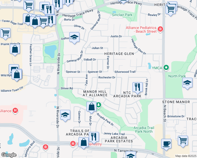 map of restaurants, bars, coffee shops, grocery stores, and more near 3900 Rochester Drive in Fort Worth