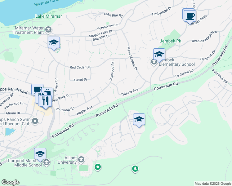 map of restaurants, bars, coffee shops, grocery stores, and more near 11271 Tribuna Avenue in San Diego