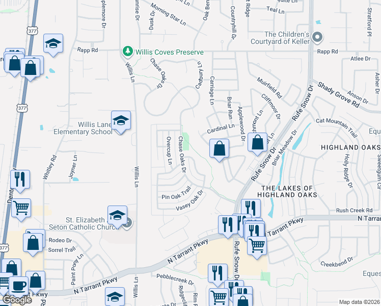 map of restaurants, bars, coffee shops, grocery stores, and more near 1709 Sawtooth Oak Trail in Keller