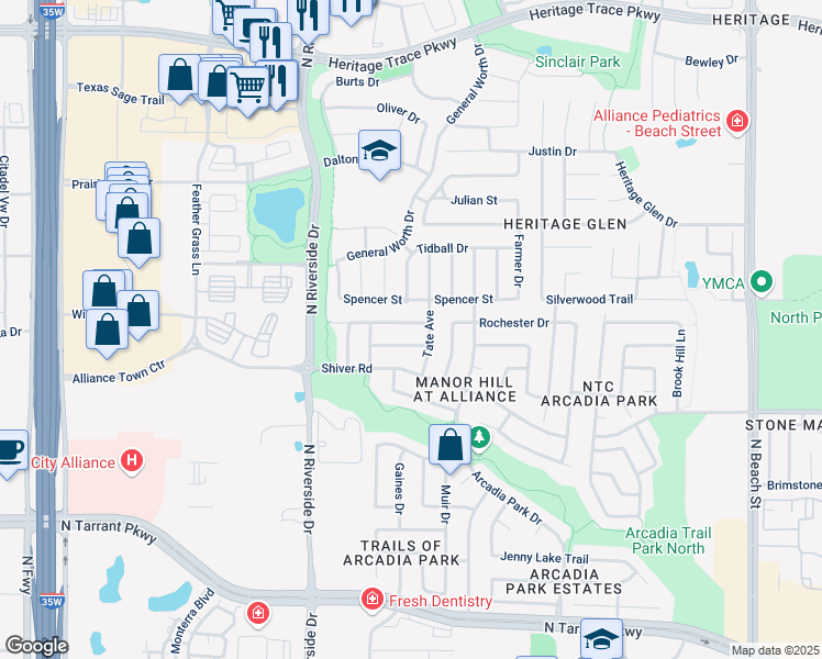 map of restaurants, bars, coffee shops, grocery stores, and more near 3732 Spencer Street in Fort Worth