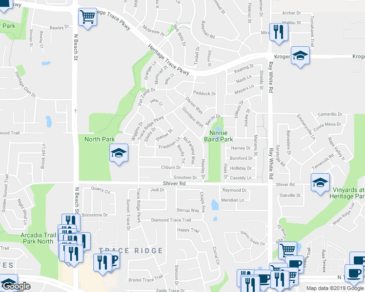 map of restaurants, bars, coffee shops, grocery stores, and more near 8960 Riscky Trail in Fort Worth