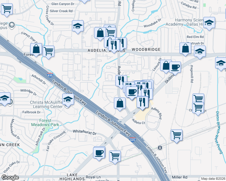 map of restaurants, bars, coffee shops, grocery stores, and more near 9723 Summerwood Circle in Dallas