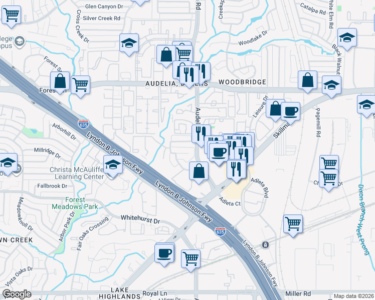 map of restaurants, bars, coffee shops, grocery stores, and more near 9723 Summerwood Circle in Dallas