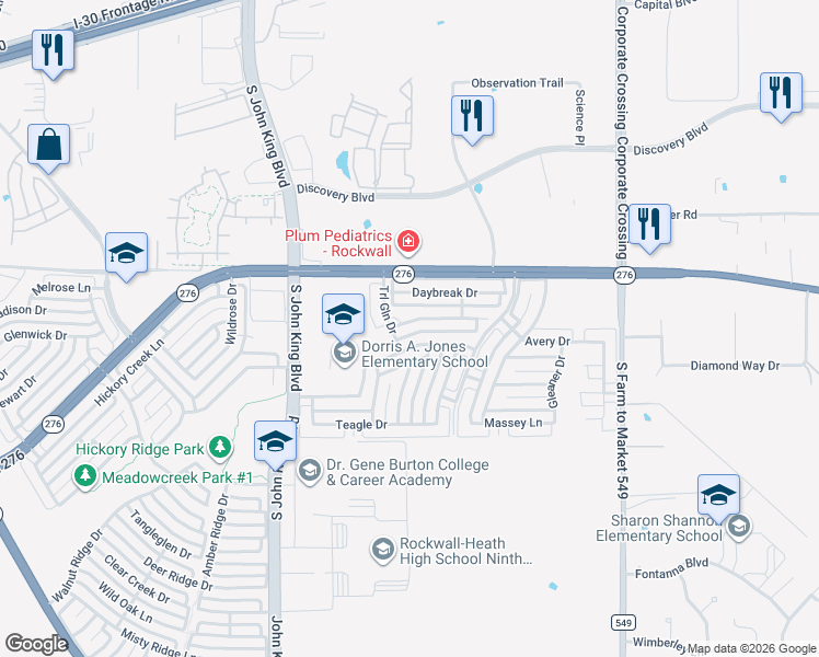 map of restaurants, bars, coffee shops, grocery stores, and more near 2450 Wagonwheel Drive in Rockwall