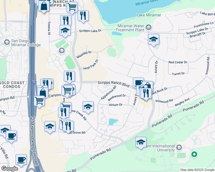 map of restaurants, bars, coffee shops, grocery stores, and more near 10320 Caminito Goma in San Diego