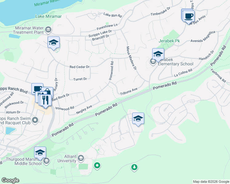 map of restaurants, bars, coffee shops, grocery stores, and more near 11271 Tribuna Avenue in San Diego