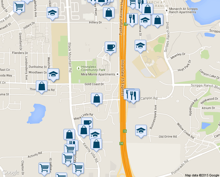 map of restaurants, bars, coffee shops, grocery stores, and more near 33 Gold Coast Drive in San Diego