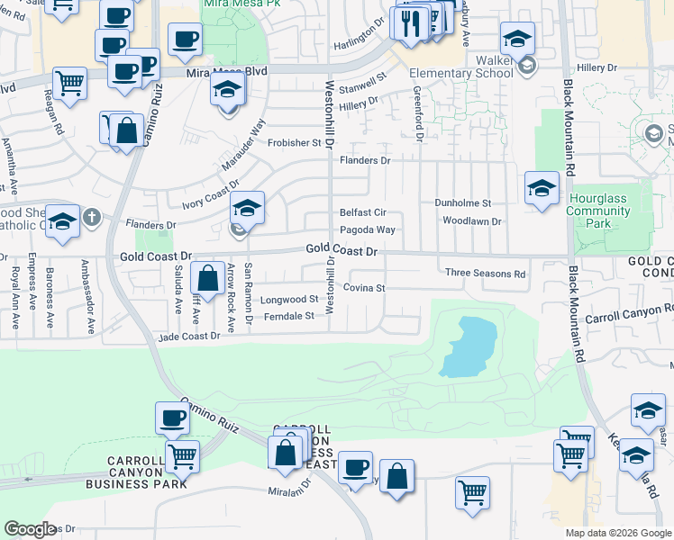 map of restaurants, bars, coffee shops, grocery stores, and more near in San Diego
