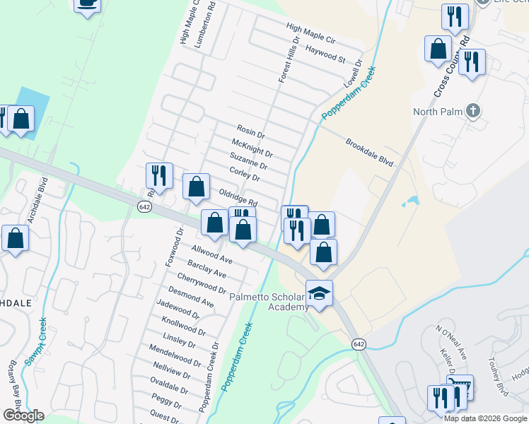 map of restaurants, bars, coffee shops, grocery stores, and more near 7631 Valleyview Circle in North Charleston