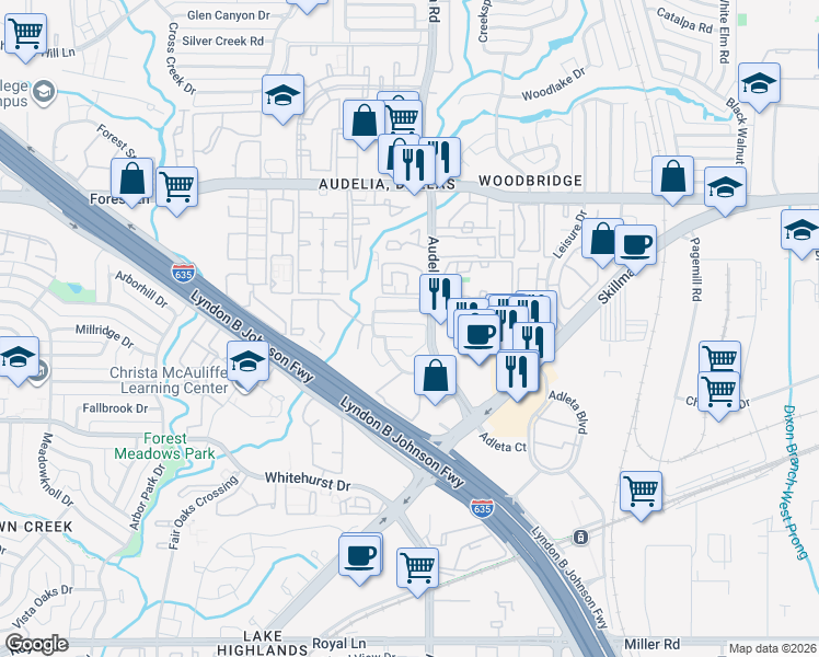 map of restaurants, bars, coffee shops, grocery stores, and more near 9723 Summerwood Circle in Dallas