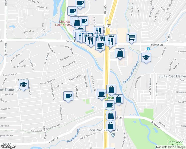 map of restaurants, bars, coffee shops, grocery stores, and more near 11412 Park Central Place in Dallas