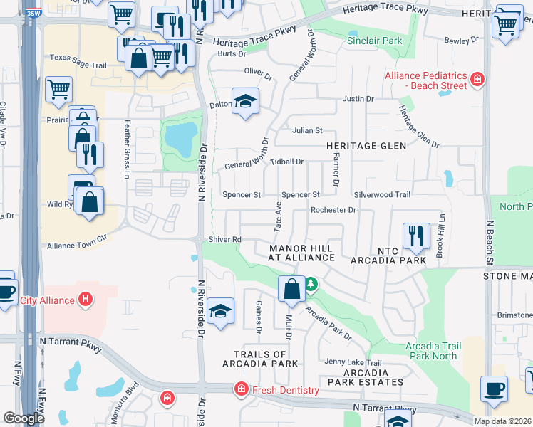 map of restaurants, bars, coffee shops, grocery stores, and more near 3732 Spencer Street in Fort Worth
