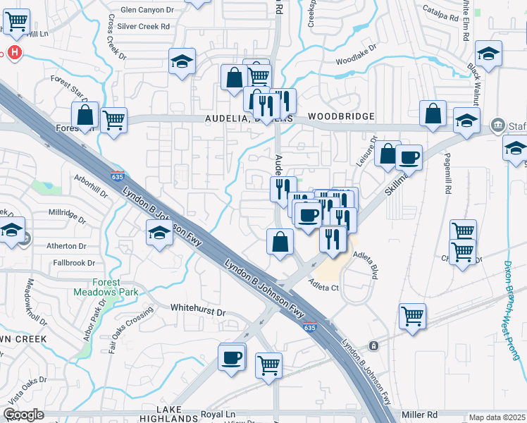 map of restaurants, bars, coffee shops, grocery stores, and more near 9723 Summerwood Circle in Dallas