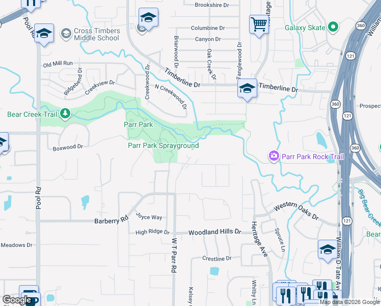 map of restaurants, bars, coffee shops, grocery stores, and more near 2926 Parr Lane in Grapevine