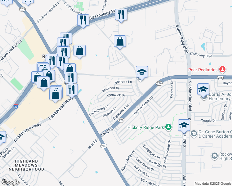 map of restaurants, bars, coffee shops, grocery stores, and more near 1490 Glenwick Drive in Rockwall