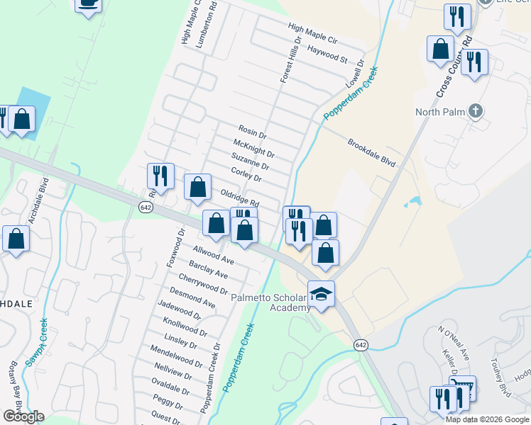 map of restaurants, bars, coffee shops, grocery stores, and more near 7631 Valleyview Circle in North Charleston