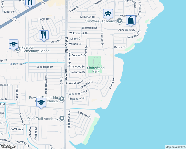 map of restaurants, bars, coffee shops, grocery stores, and more near 9101 Woodlake Drive in Rowlett