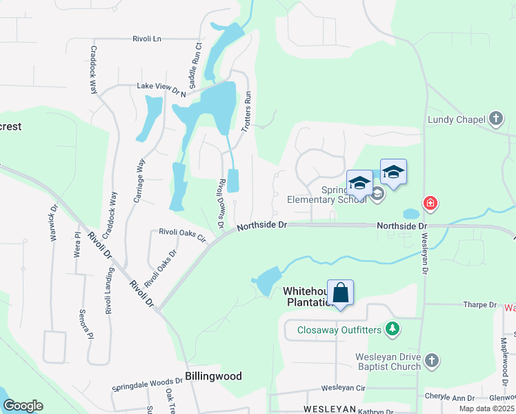 map of restaurants, bars, coffee shops, grocery stores, and more near 117 North Springs Court in Macon