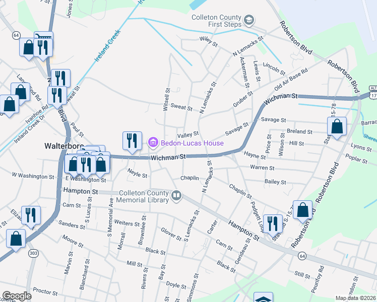 map of restaurants, bars, coffee shops, grocery stores, and more near 204 Valley Street in Walterboro