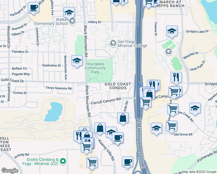 map of restaurants, bars, coffee shops, grocery stores, and more near 9505 Gold Coast Drive in San Diego