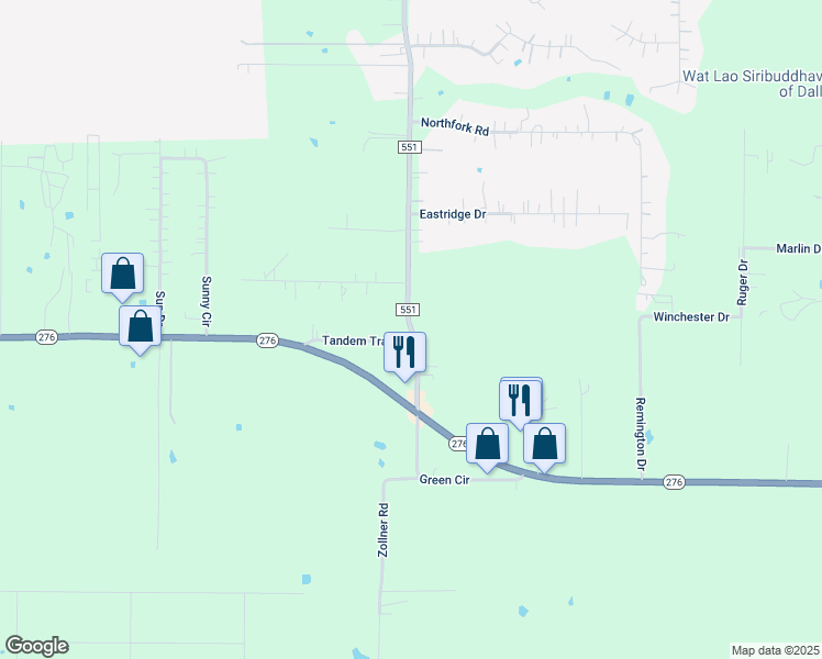 map of restaurants, bars, coffee shops, grocery stores, and more near 2380 Farm to Market Road 551 in Royse City