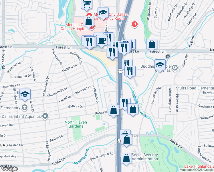 map of restaurants, bars, coffee shops, grocery stores, and more near 11334 Park Central Place in Dallas