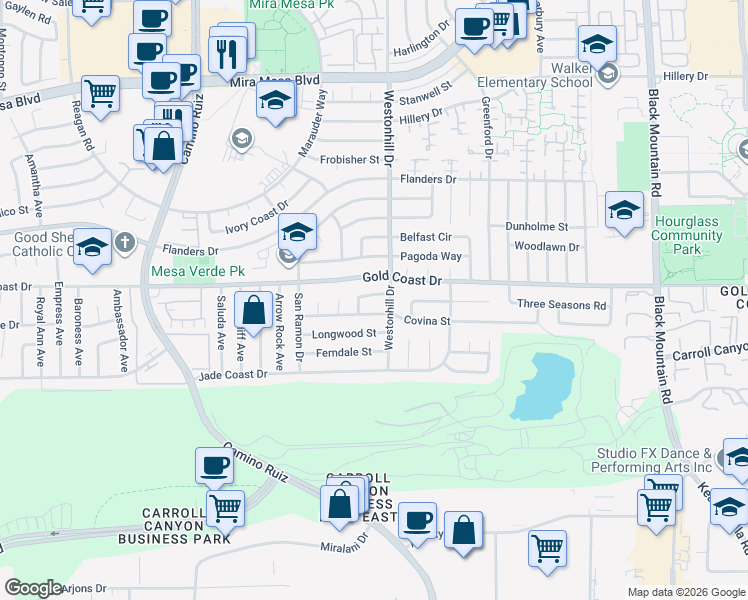 map of restaurants, bars, coffee shops, grocery stores, and more near 8707 Gold Coast Drive in San Diego