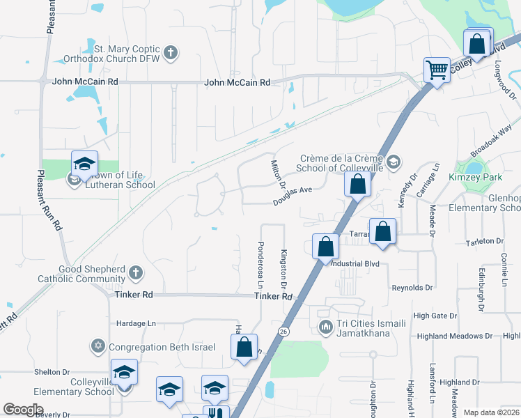 map of restaurants, bars, coffee shops, grocery stores, and more near 1416 Douglas Avenue in Colleyville
