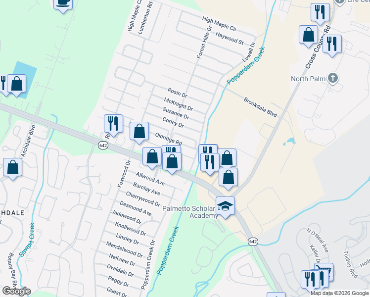 map of restaurants, bars, coffee shops, grocery stores, and more near 7631 Valleyview Circle in North Charleston