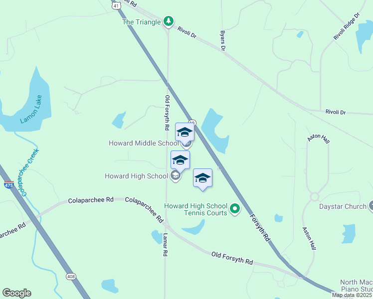 map of restaurants, bars, coffee shops, grocery stores, and more near 6600 Forsyth Road in Macon
