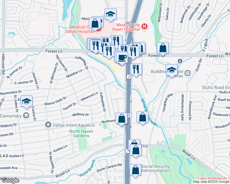map of restaurants, bars, coffee shops, grocery stores, and more near 11334 Park Central Place in Dallas