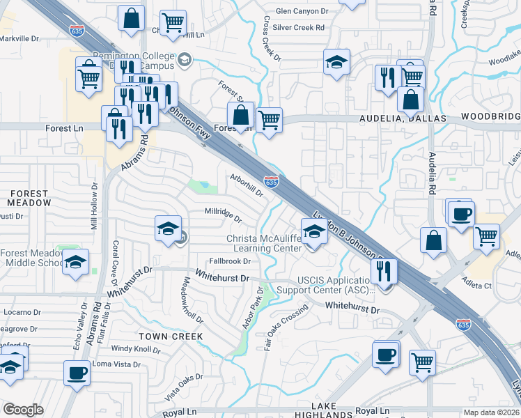 map of restaurants, bars, coffee shops, grocery stores, and more near 9667 Timberleaf Drive in Dallas