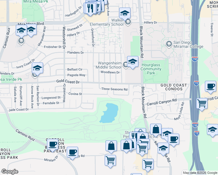 map of restaurants, bars, coffee shops, grocery stores, and more near 10336 Brookhurst Lane in San Diego